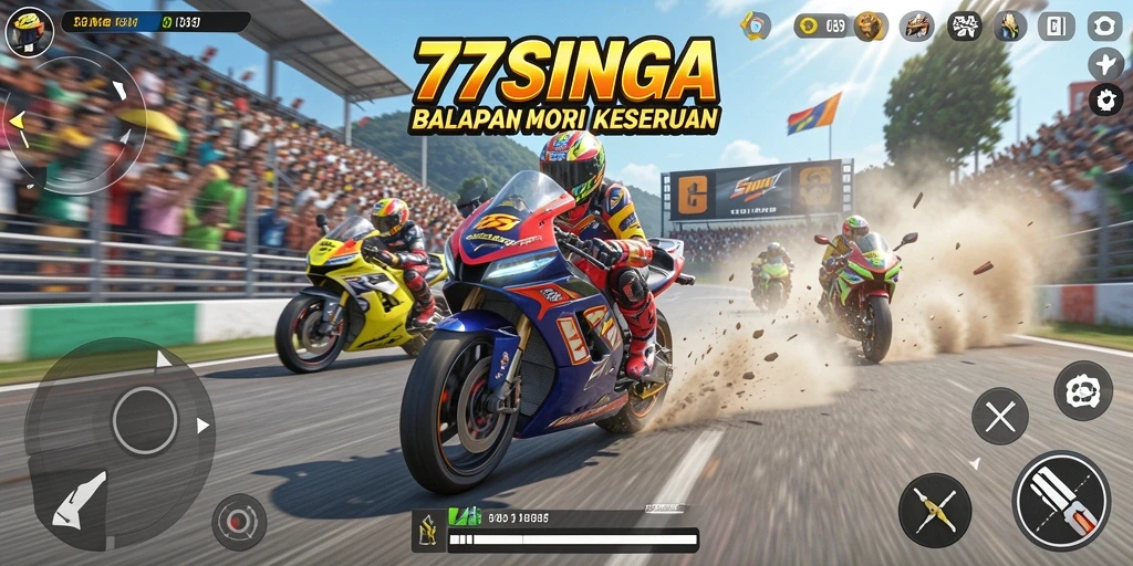 Screenshot gameplay 77SINGA menampilkan aksi balapan motor yang mendebarkan.
