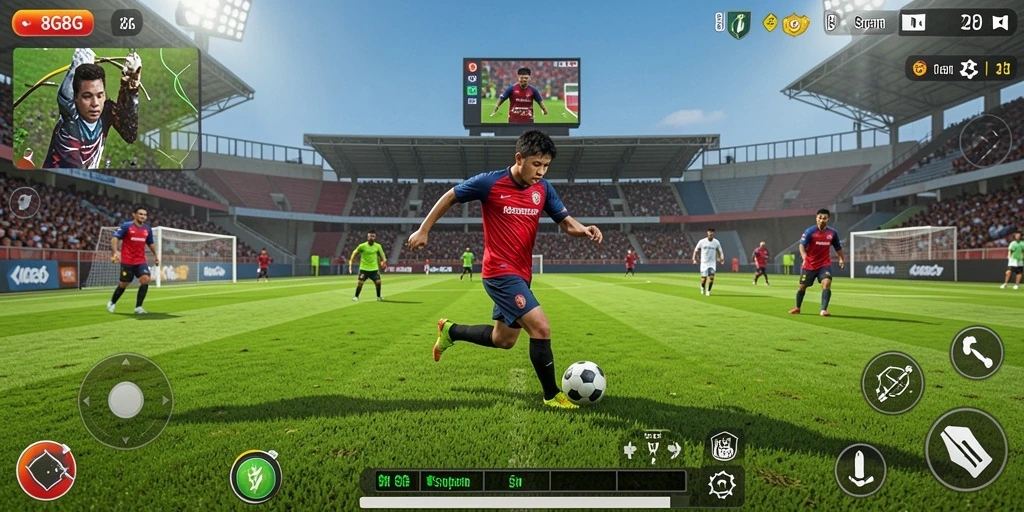 Tangkapan layar permainan 8G8G menampilkan aksi seru di lapangan sepak bola.