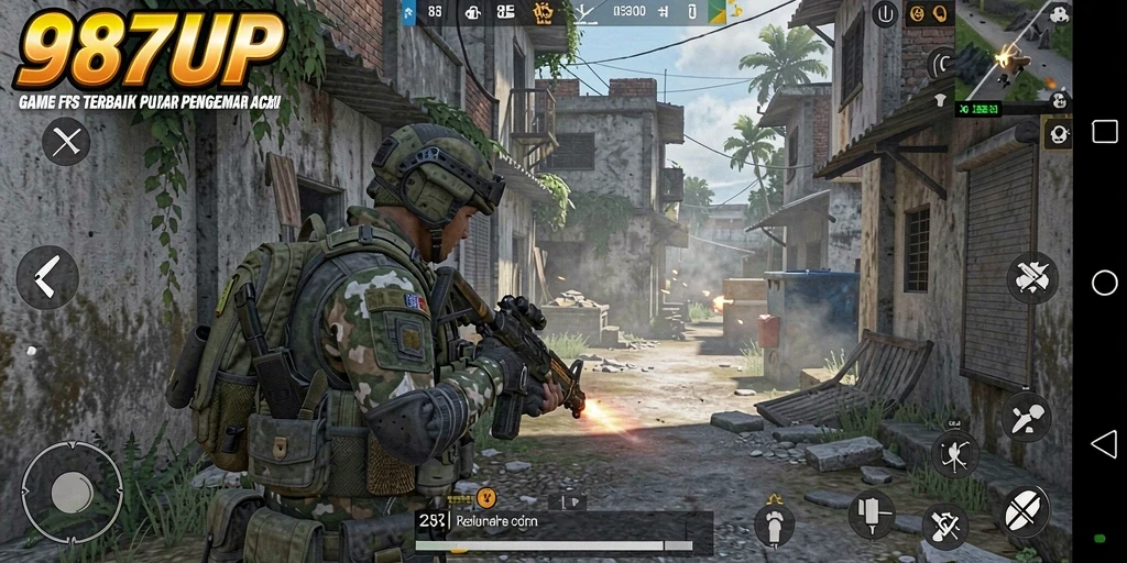Tampilan gameplay menegangkan dari 987UP dengan aksi FPS yang seru.
