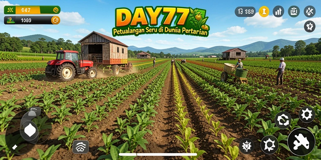 Tampilan gameplay DAY777 yang menawan dengan lahan pertanian yang subur.