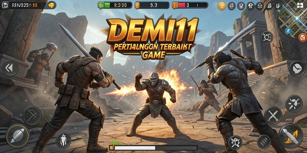 Screenshot gameplay DEMI11 dengan pertarungan yang intens dan karakter unik.