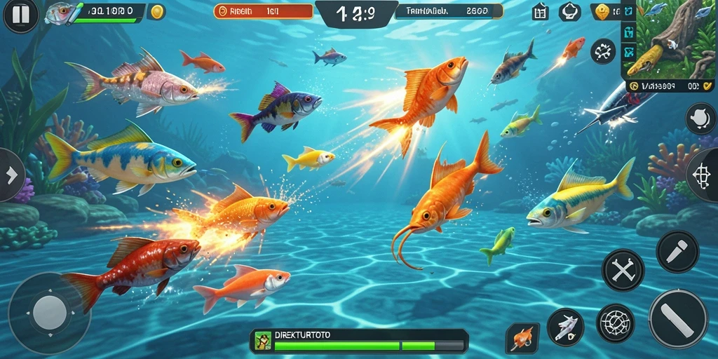 Menampilkan gameplay menembak ikan yang seru dan penuh aksi.