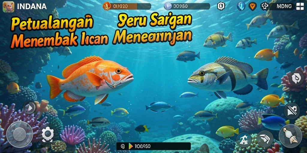 Tampak seru gameplay Tembak Ikan INDAAA dengan ikan berwarna-warni.