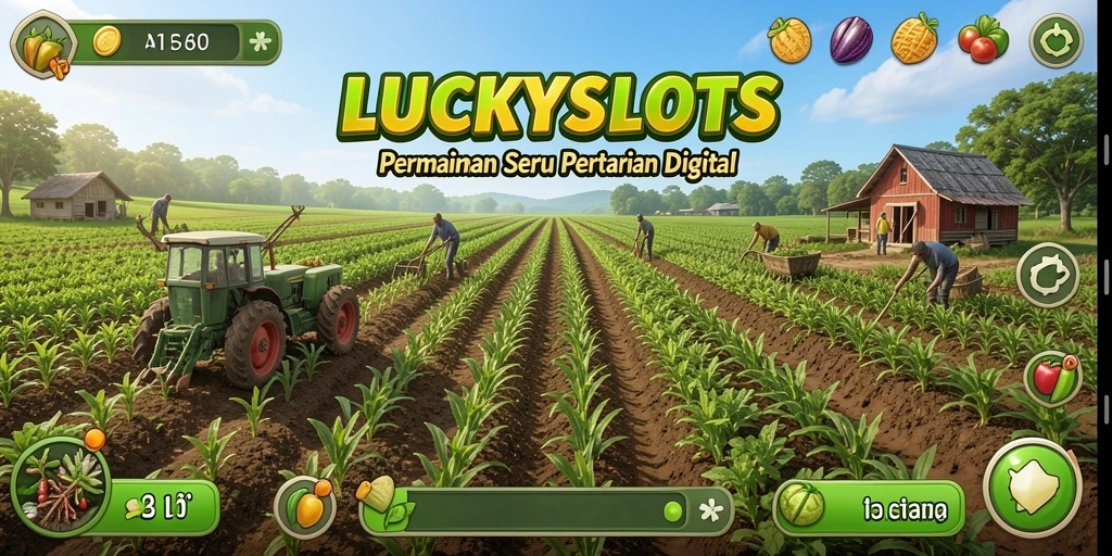 Tangkapan layar gameplay <strong>LUCKYSLOTS</strong> menunjukkan aktivitas bertani yang seru.